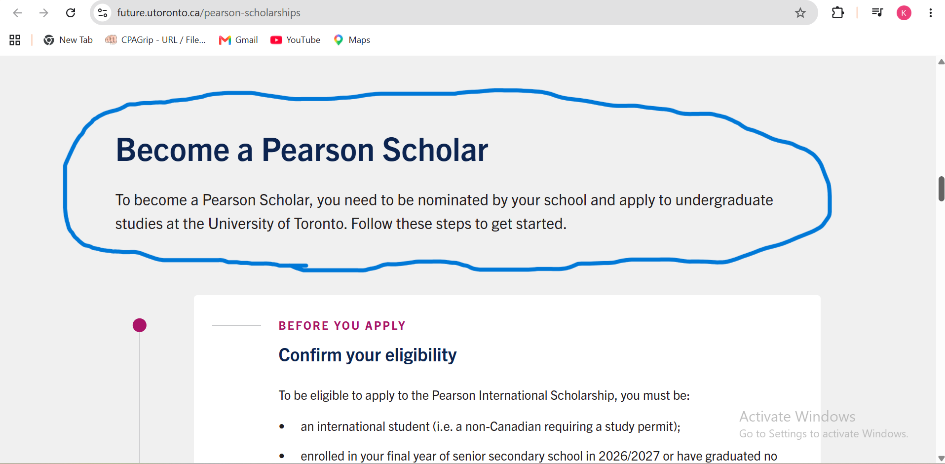 official U of T Pearson nomination page showing school must nominate rule