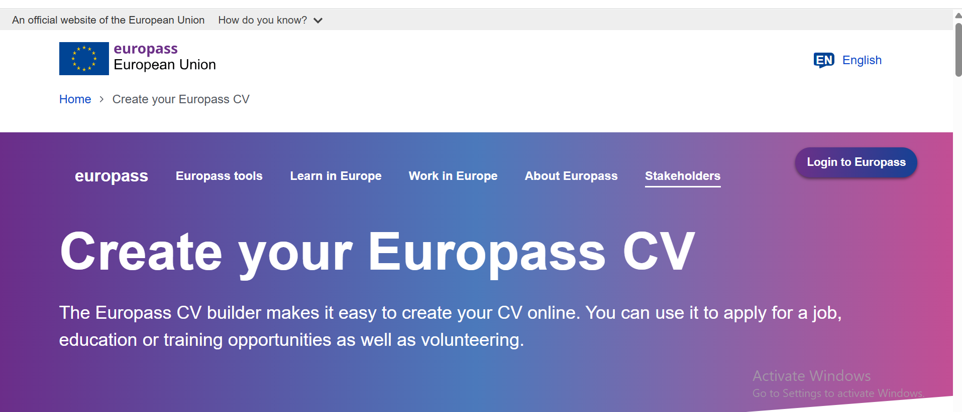Europass CV builder homepage